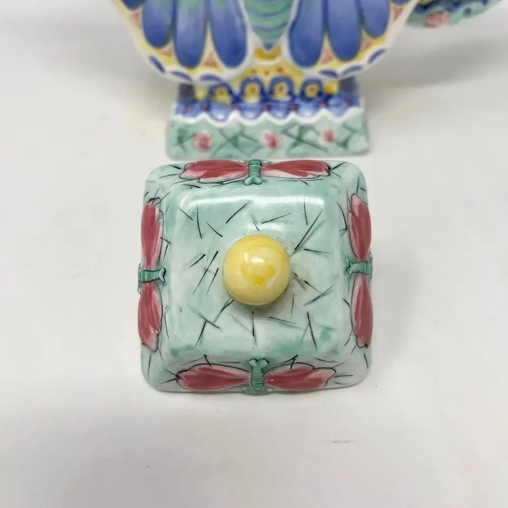 VTG Butterfly‎ Decorative Teapot Yellow Green Blue Hand Painted Ceramic
